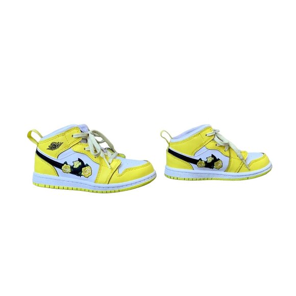 NIKE Air Jordan 1 Girls 9 9C Mid SE Yellow Floral Sneakers Toddler Rose Patch - Picture 1 of 12